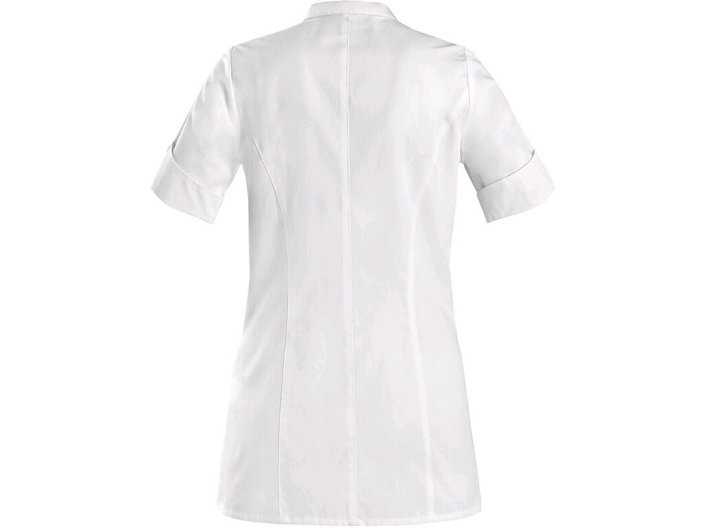 Ladies’ smock CXS MAIA white: Ladies’ smock with short sleeve, princess cut, covered button fastening, 3 front pockets with satin hem. Recommended application: wellness, beauty sa…