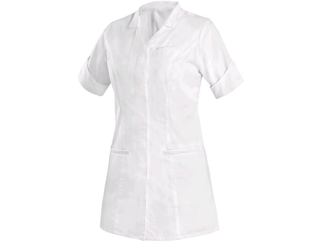 Ladies’ smock CXS MAIA white: Ladies’ smock with short sleeve, princess cut, covered button fastening, 3 front pockets with satin hem. Recommended application: wellness, beauty sa…