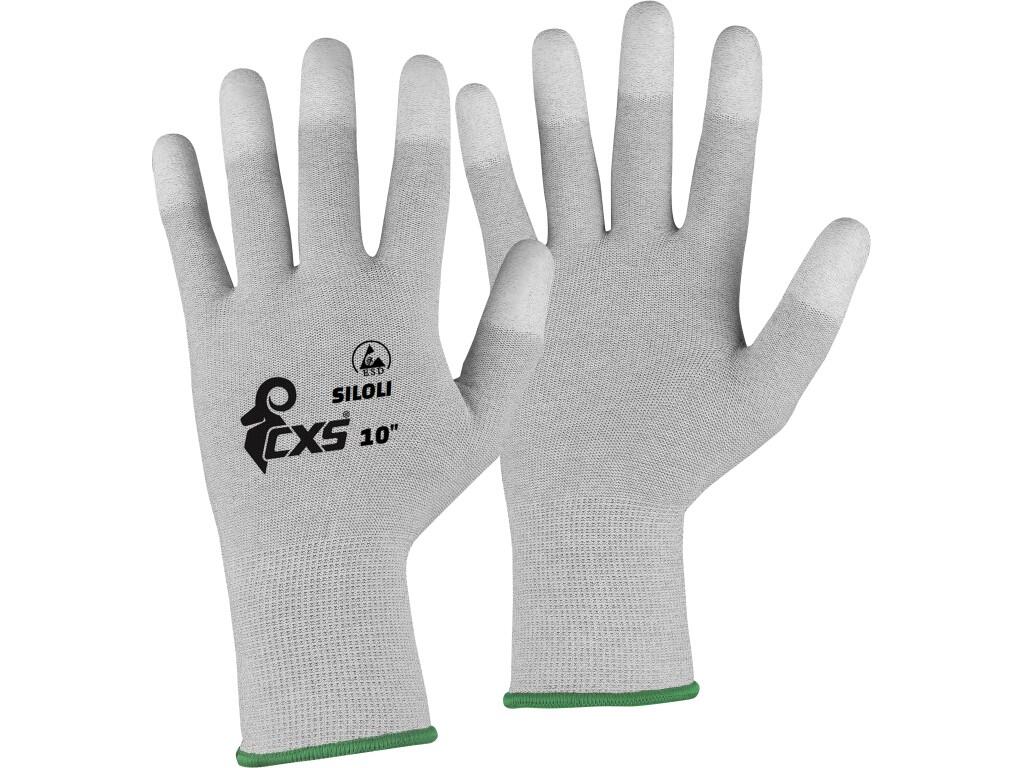 Gloves CXS SILOLI: Knitted seamless gloves, antistatic and ESD, fingertips coated by polyurethane, elastic cuff. Internal resistance - result: Rv