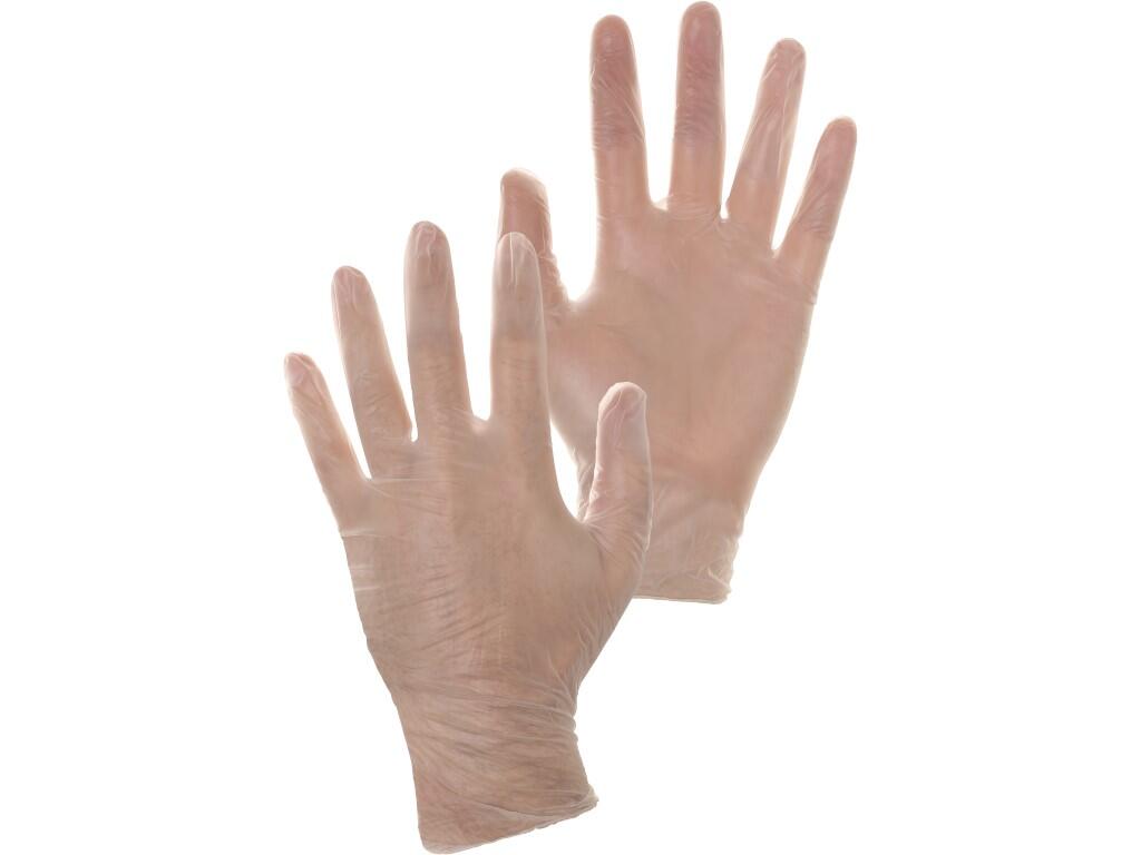 Gloves MOSE: Disposable vinyl gloves, weight 4.5g, silicone and latex free, slightly powdered, 100 pcs per pack. Medical device class I. Touch fingers. Nie zawiera mieszanin tiura…