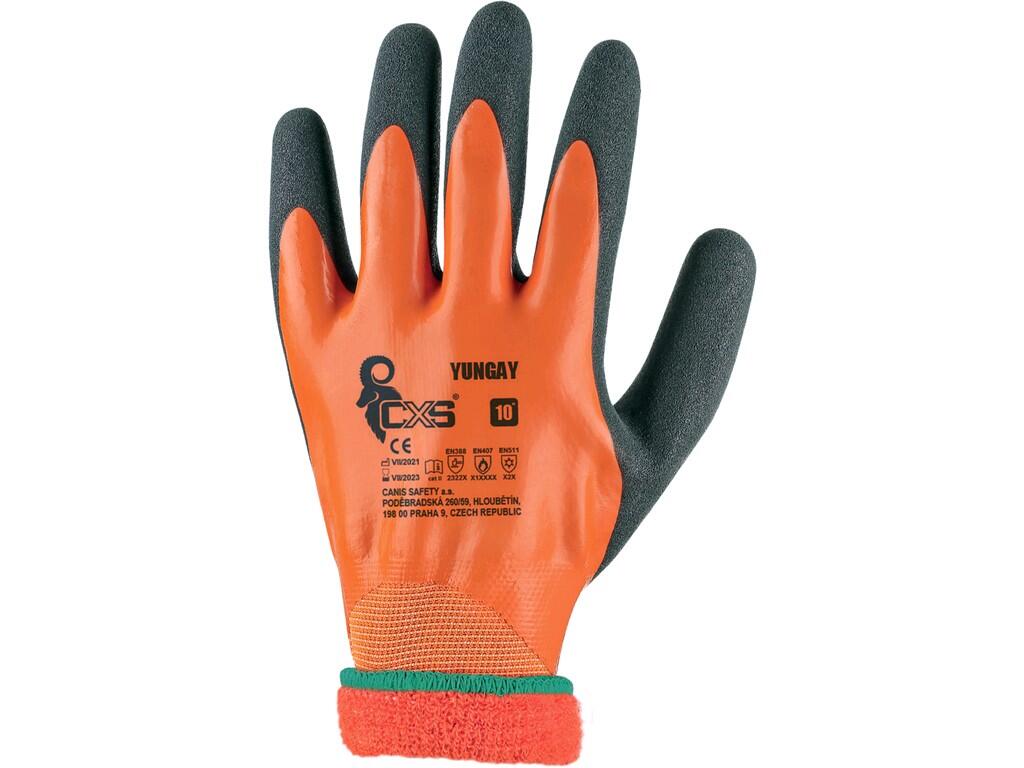 Gloves CXS YUNGAY: Winter seamless gloves made of polyester/elastane knit, double latex coating with sandy finish in palm for better grip, brushed acrylic lining, elastic cuff, pr…