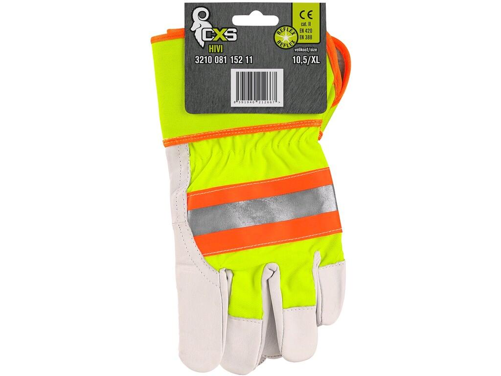Gloves CXS HIVI: Combined gloves, yellow-orange with reflective accessory. Metal hole on the cuff for snap hook. Packed with blister. Recommended application: logistics, light ind…