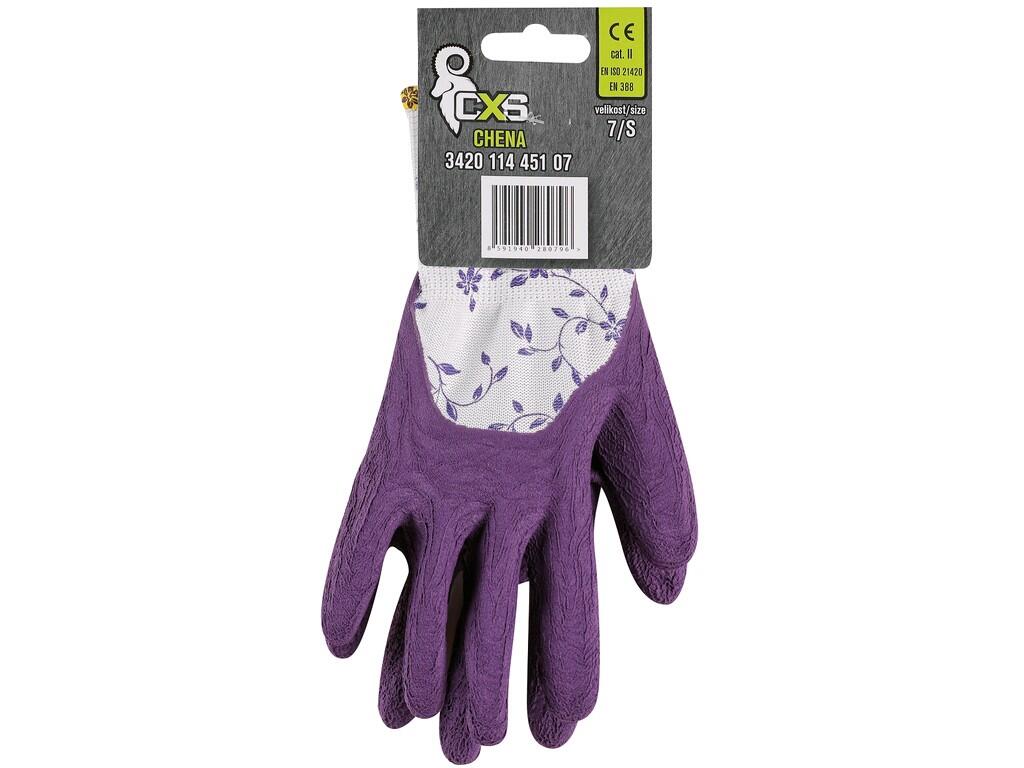 Gloves CXS CHENA: Knitted seamless gloves with print, palms and fingers coated to 3/4 with latex foam, antislip finish for firmer grip and better manipulation. Packed with blister…