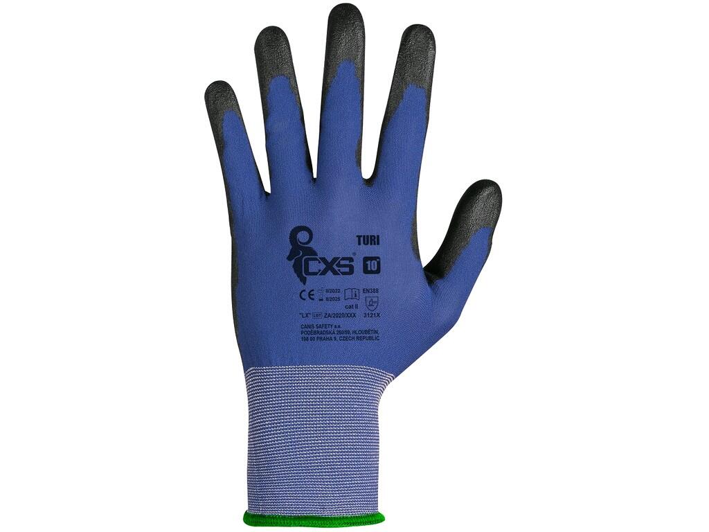Gloves CXS TURI: Knitted seamless gloves with elastic cuff, palm and fingers coated by polyurethane. Light 18-gauge liner for greater flexibility and tactile sensitivity. Recommen…